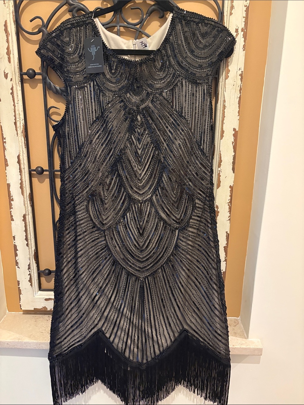 Black Beaded Fringe Roaring Twenties Dress